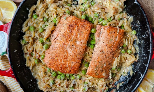 One Pan Creamy Parm and Lemon Orzo and Salmon