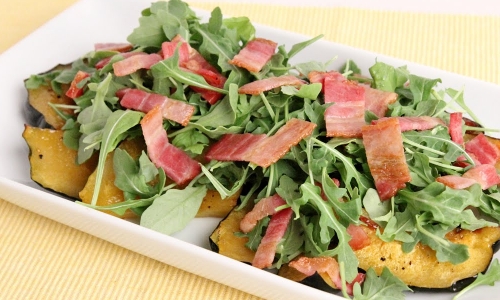 Roasted Acorn Squash with Bacon and Arugula