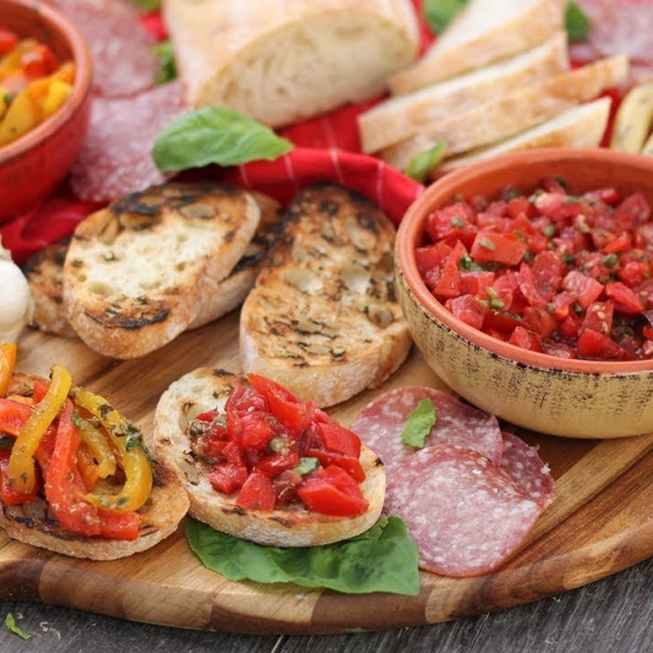 Italian Antipasti: Bruschetta and Roasted Peppers