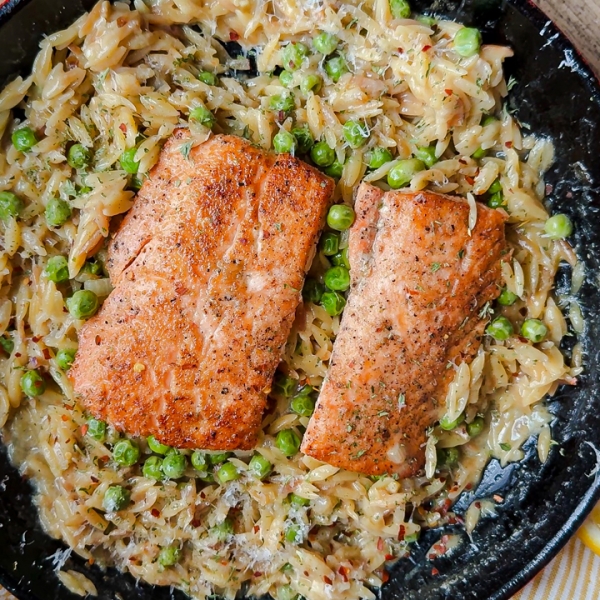 One Pan Creamy Parm and Lemon Orzo and Salmon