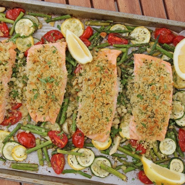 One Pan Herb Crusted Salmon and Veggies