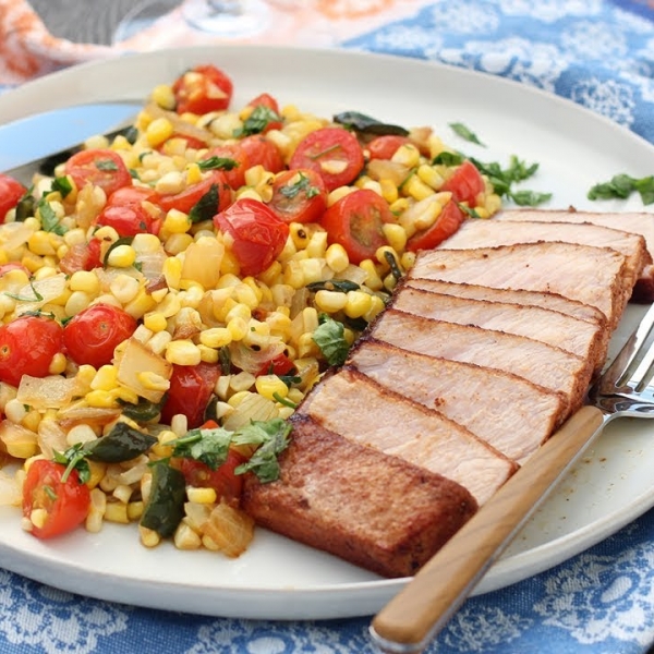 Smokey Seared Pork Chops with Summer Corn Succotash