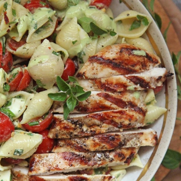 Summer Caprese Chicken Pasta Salad